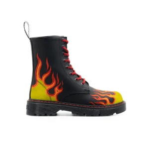 Botas Offlander, Tipo Militar, Piel Crazy, Negro, Flamas Bordadas