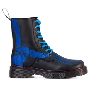 Botas Offlander, Tipo Militar, Piel Crazy, Negro, Huesos Azules Bordados