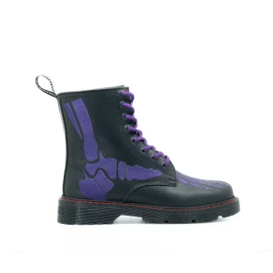 Botas Offlander, Tipo Militar, Piel Crazy, Negro, Huesos Morados Bordados