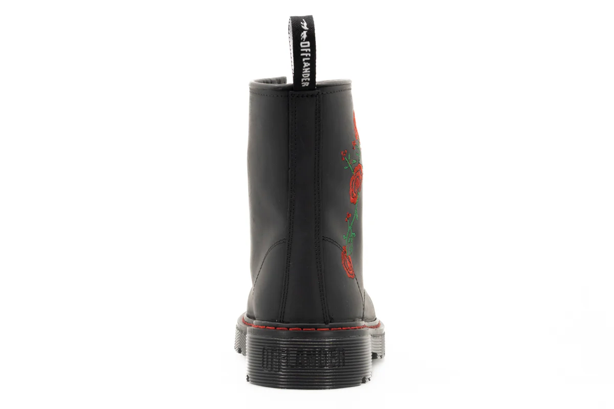 Botas Offlander, Tipo Militar, Piel Crazy, Negro, Rosas Rojas Bordadas - Imagen 5
