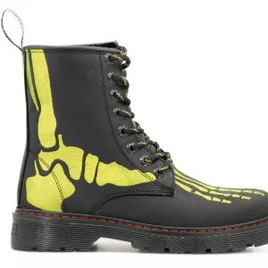 Botas Offlander, Tipo Militar, Piel Crazy, Negro, Huesos Verdes Bordados