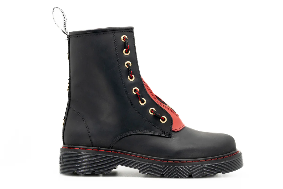 Botas Offlander, Tipo Militar, Piel Crazy, Negro y Rojo, Doble Cierre - Imagen 6
