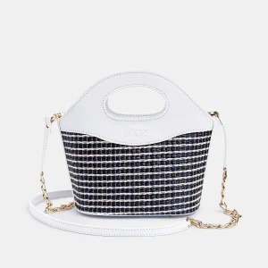 MICROBOLSO CAPRI SUMMER piel blanco + rafia azul marino